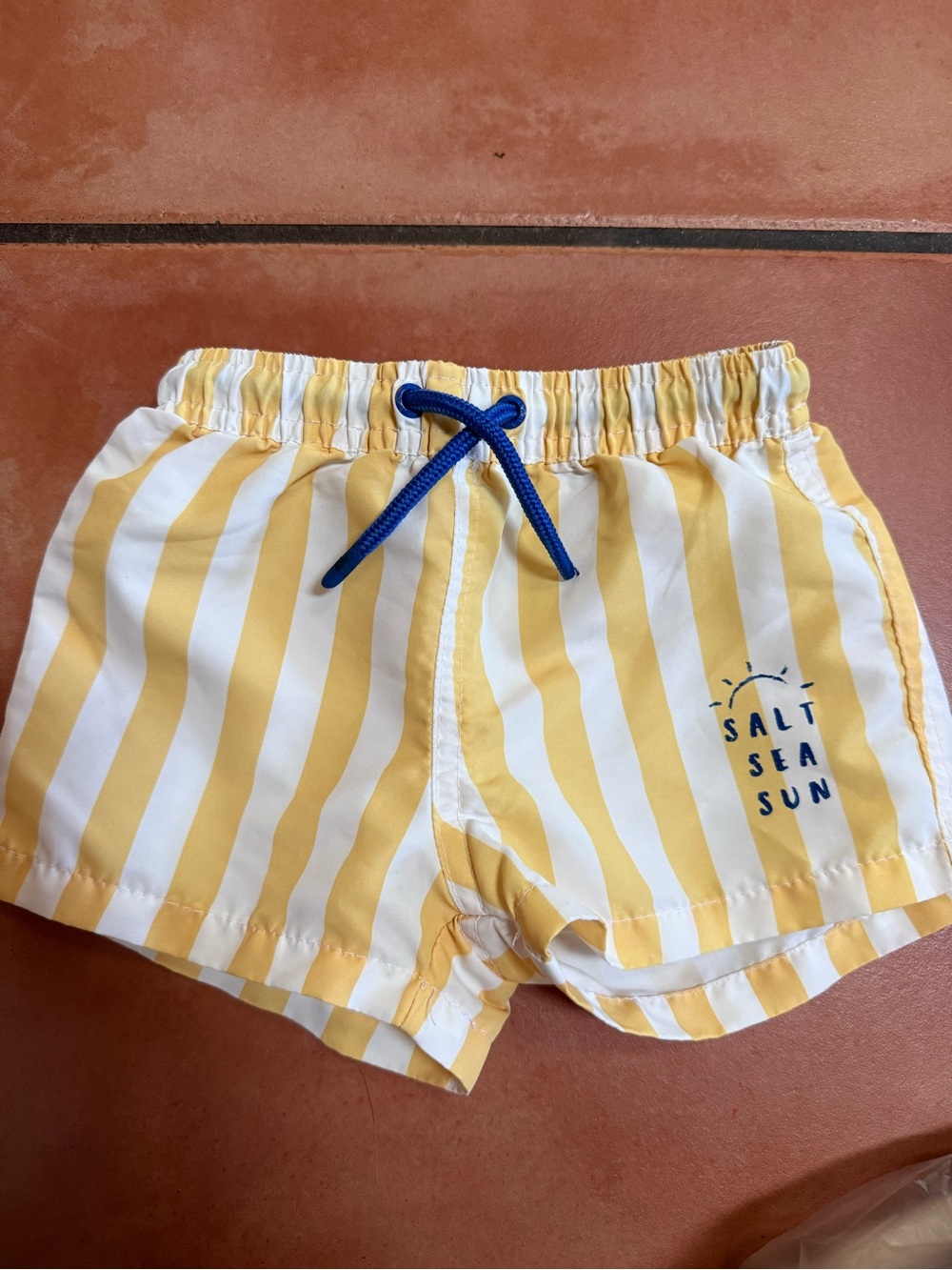 Zara Yellow and White Striped Swim Shorts‎ with Blue Drawstring
